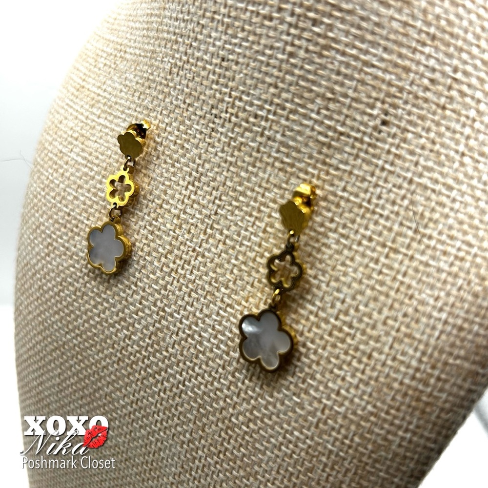 Mother of Pearl Clover Dangle Stainless Steel Earrings
